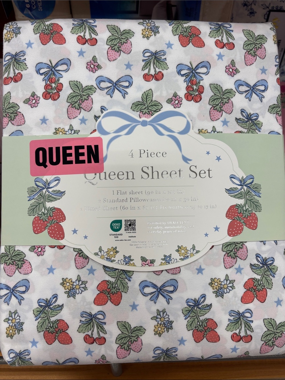 Envouge Queen Strawberry Blossom Sheet Set - White with Red & Blue